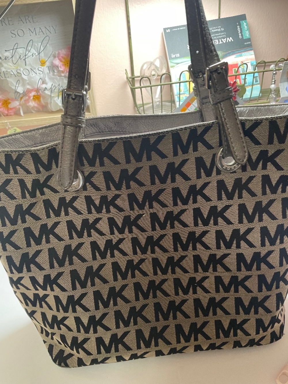 Michael Kors - silver and black monogram MK sachel bag
